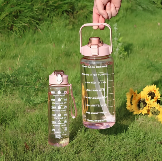 3 in 1 Motivational Water Bottle Set | 2000ml, 900ml & 300ml | Transparent BPA-Free Leakproof Bottles with Time Markers for Gym, Office & Travel