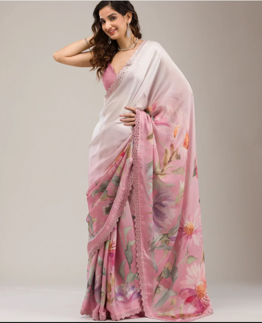 Baby Pink Stonework Satin Saree