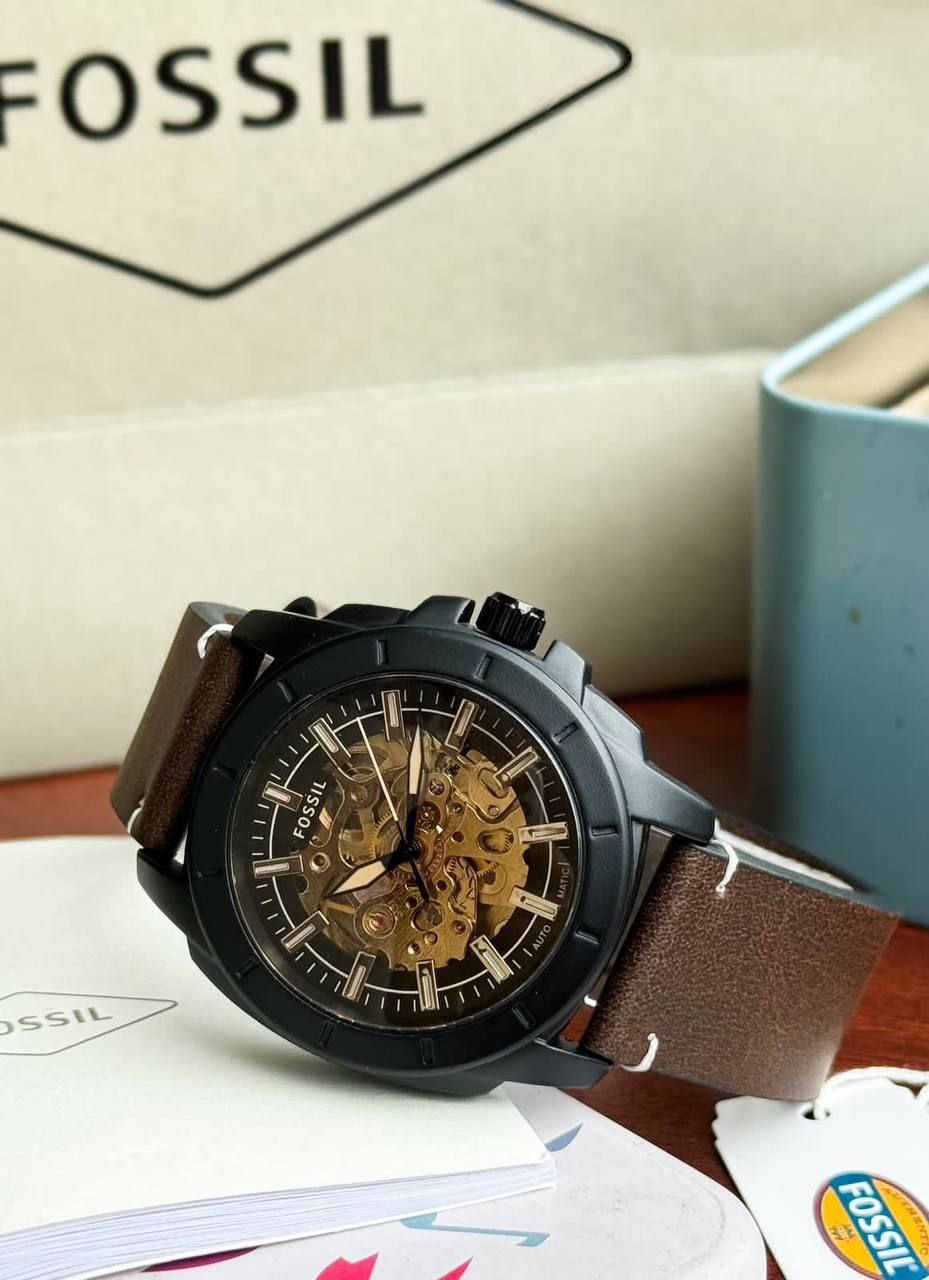 Fossil Men’s Automatic Skeleton Watch – Brown Leather Strap, Black Stainless Steel Case