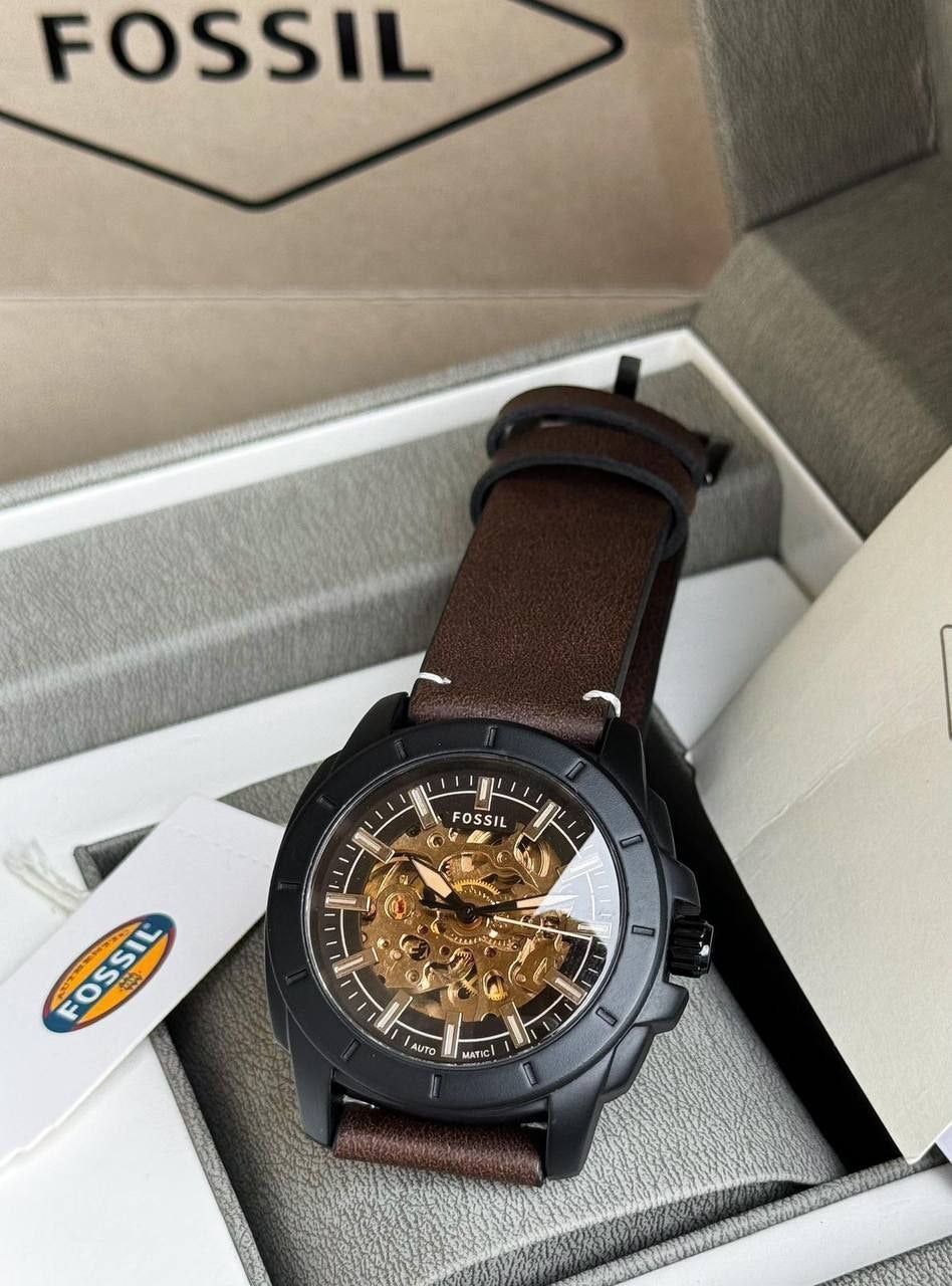 Fossil Men’s Automatic Skeleton Watch – Brown Leather Strap, Black Stainless Steel Case