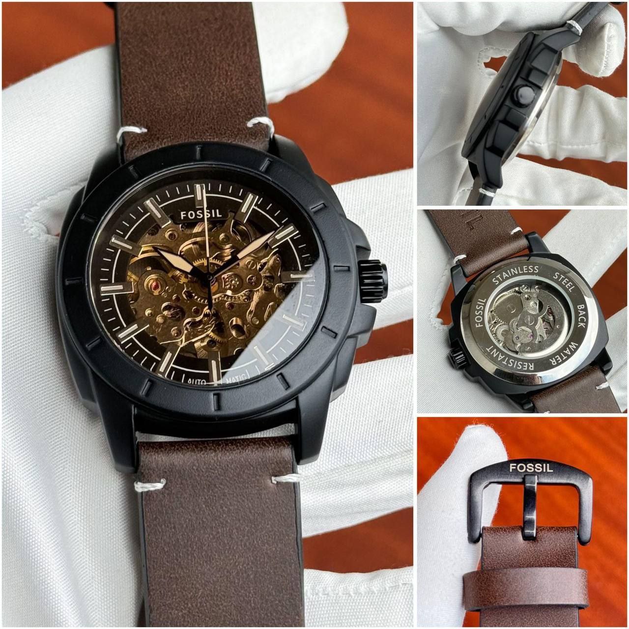 Fossil Men’s Automatic Skeleton Watch – Brown Leather Strap, Black Stainless Steel Case