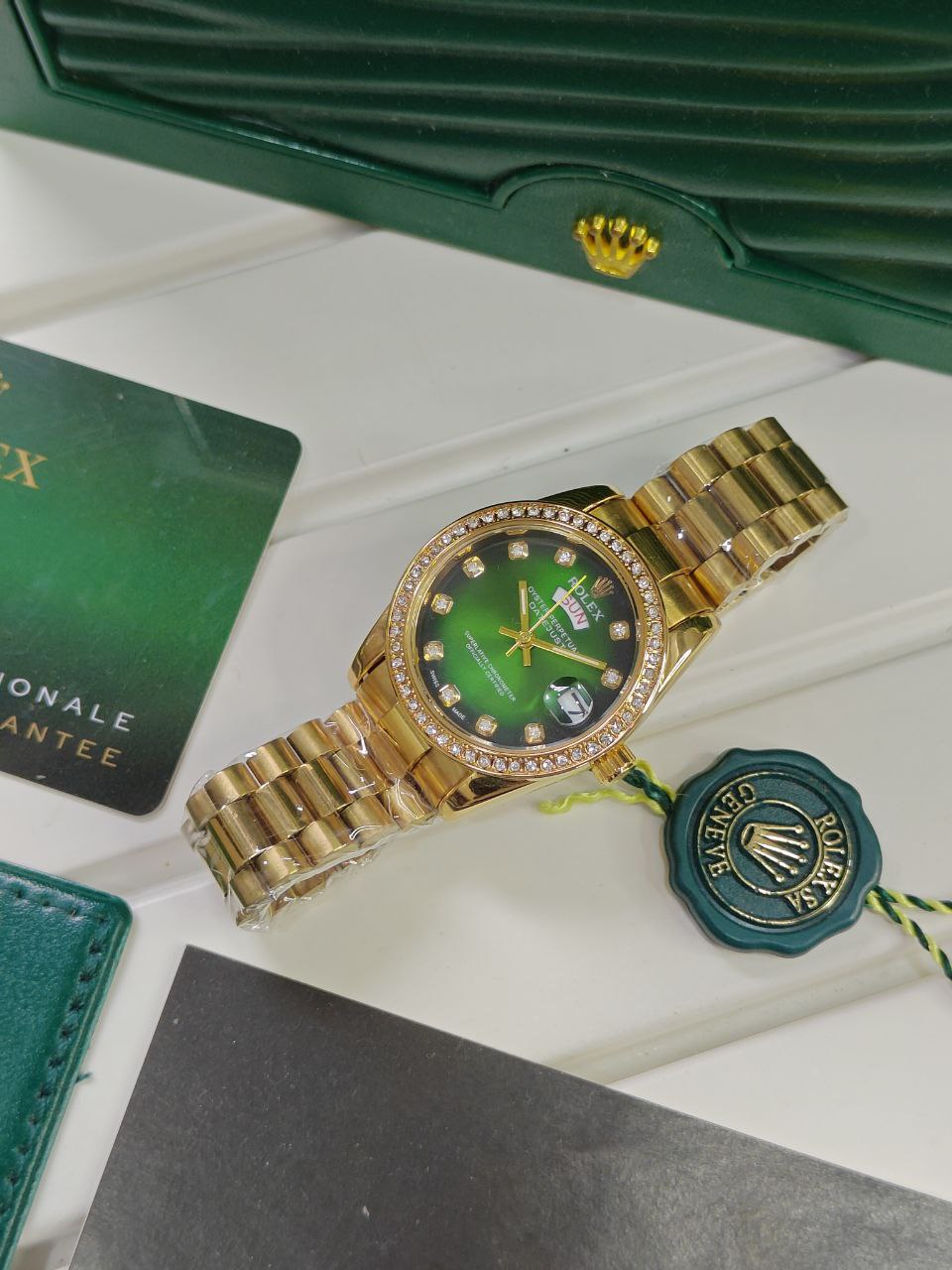 Rolex Day Date Oyster Perpetual 28mm Women's Watch – Premium Luxury with Green Diamond Dial