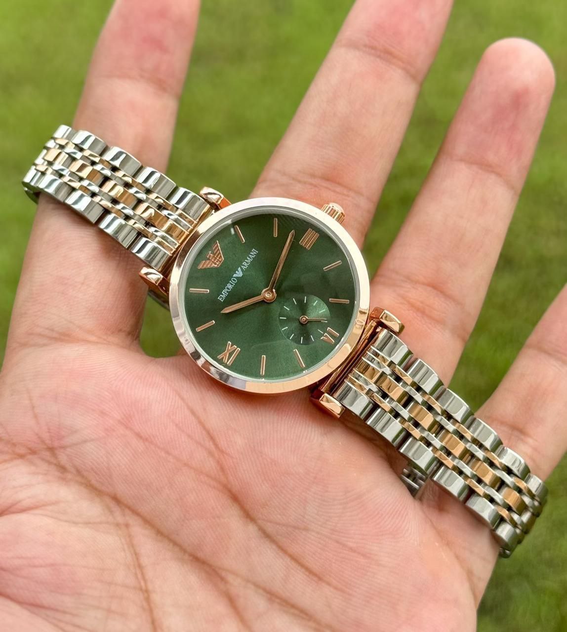 Emporio Armani Women's Green Roman Dial Watch – Luxury Stainless Steel Chronograph