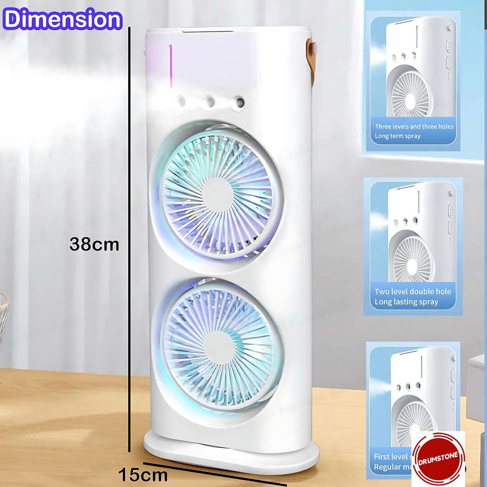 Drumstone Rechargeable Spray Fan with LED & Remote | 4000mAh, 3 Modes, 280ml Mist Fan for Cooling