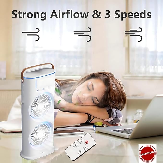 Drumstone Rechargeable Spray Fan with LED & Remote | 4000mAh, 3 Modes, 280ml Mist Fan for Cooling