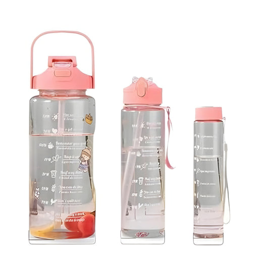 3 in 1 Motivational Water Bottle Set | 2000ml, 900ml & 300ml | Transparent BPA-Free Leakproof Bottles with Time Markers for Gym, Office & Travel