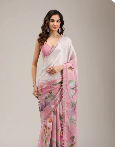 Baby Pink Stonework Satin Saree