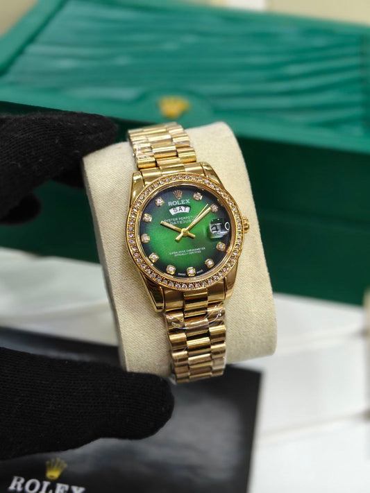 Rolex Day Date Oyster Perpetual 28mm Women's Watch – Premium Luxury with Green Diamond Dial