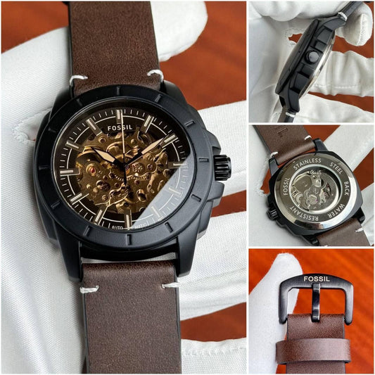 Fossil Men’s Automatic Skeleton Watch – Brown Leather Strap, Black Stainless Steel Case