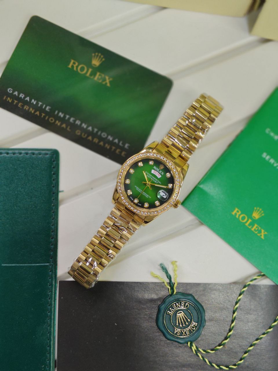 Rolex Day Date Oyster Perpetual 28mm Women's Watch – Premium Luxury with Green Diamond Dial